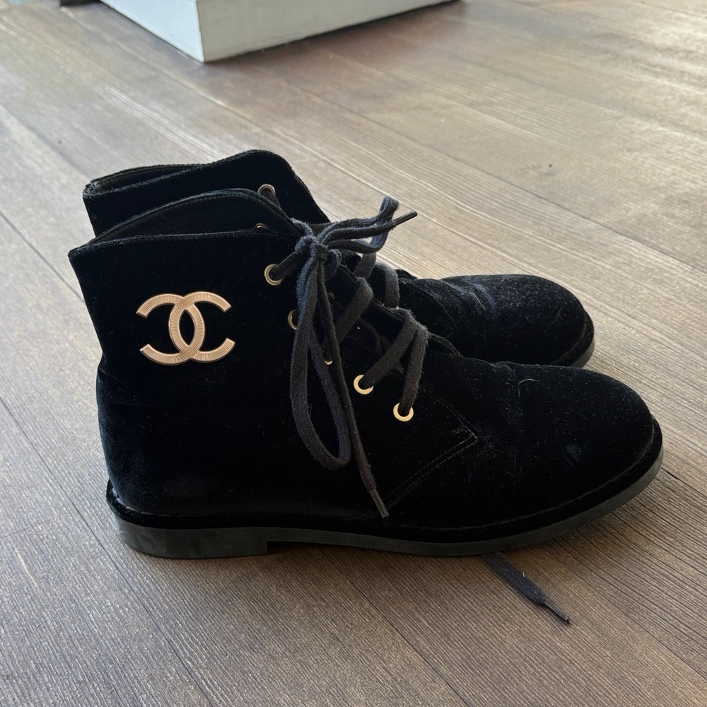 CHANEL Black Velvet Lace-Up Boots